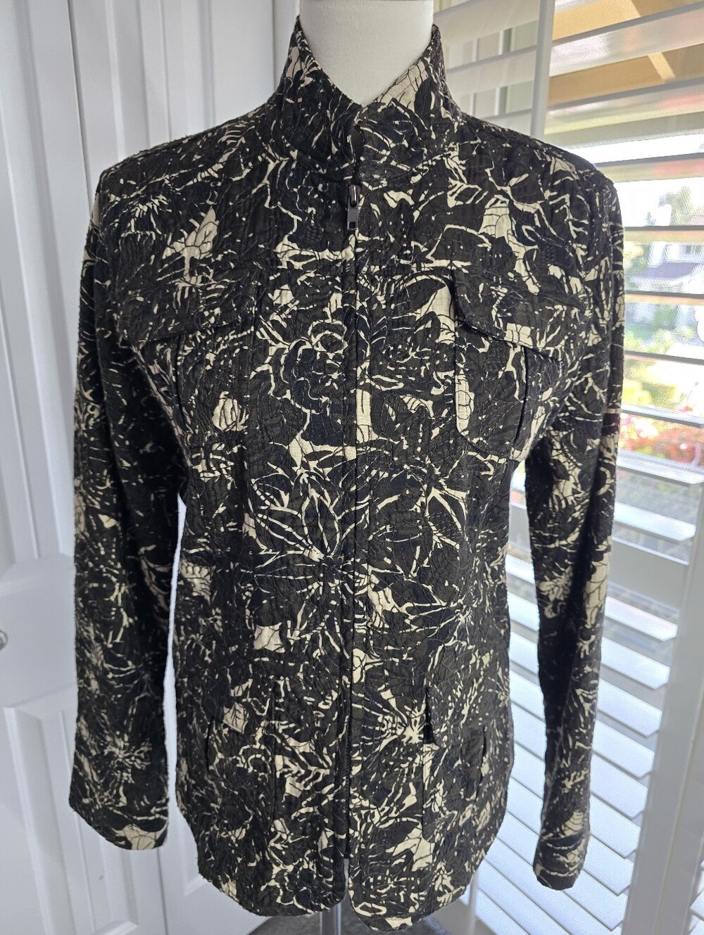 Chico's Brown, Black and Cream Floral Quilted Zip Jacket